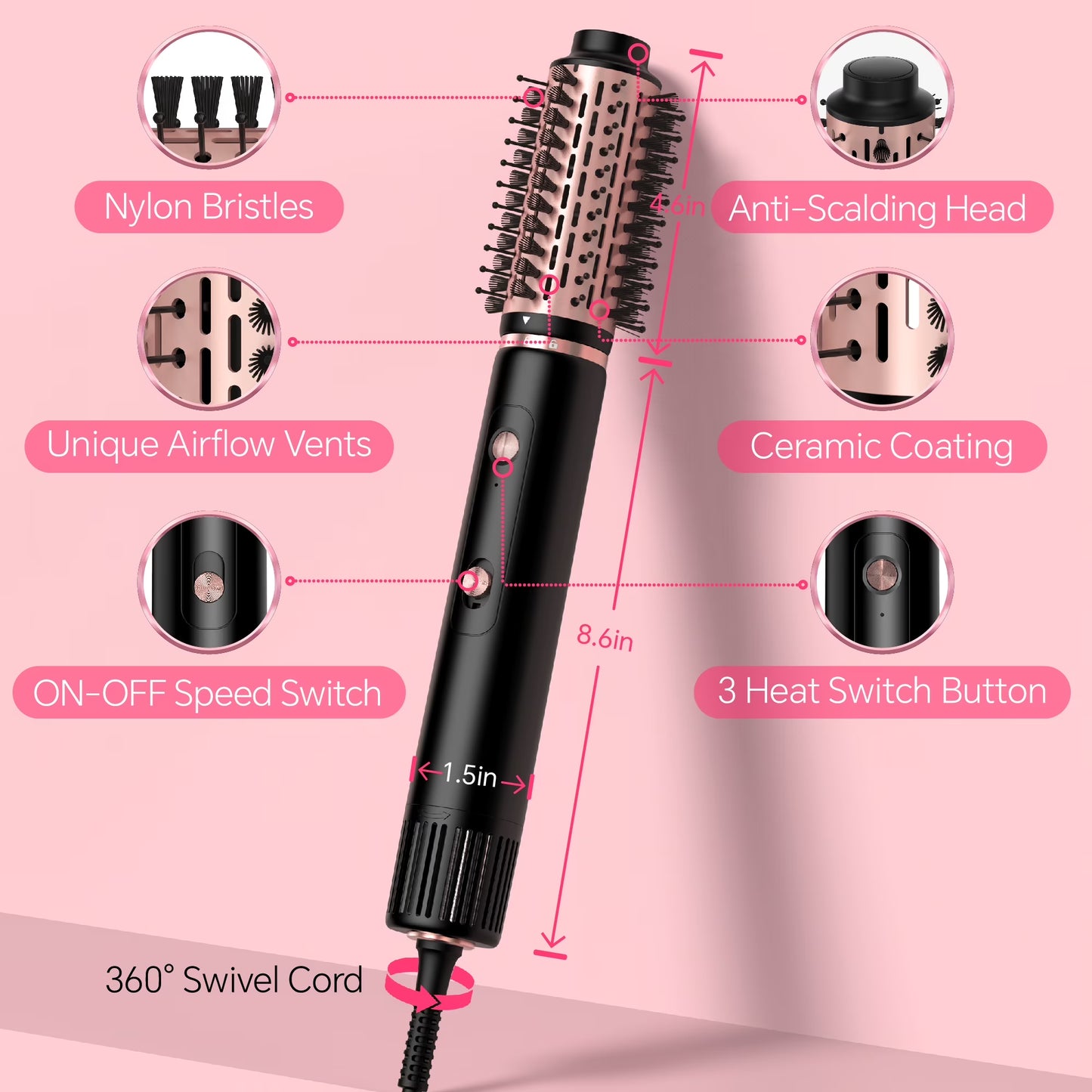 Hot Air Brush, Hair Dryer Brush High Speed Motor, Blow Dryer 1300W, Plastic