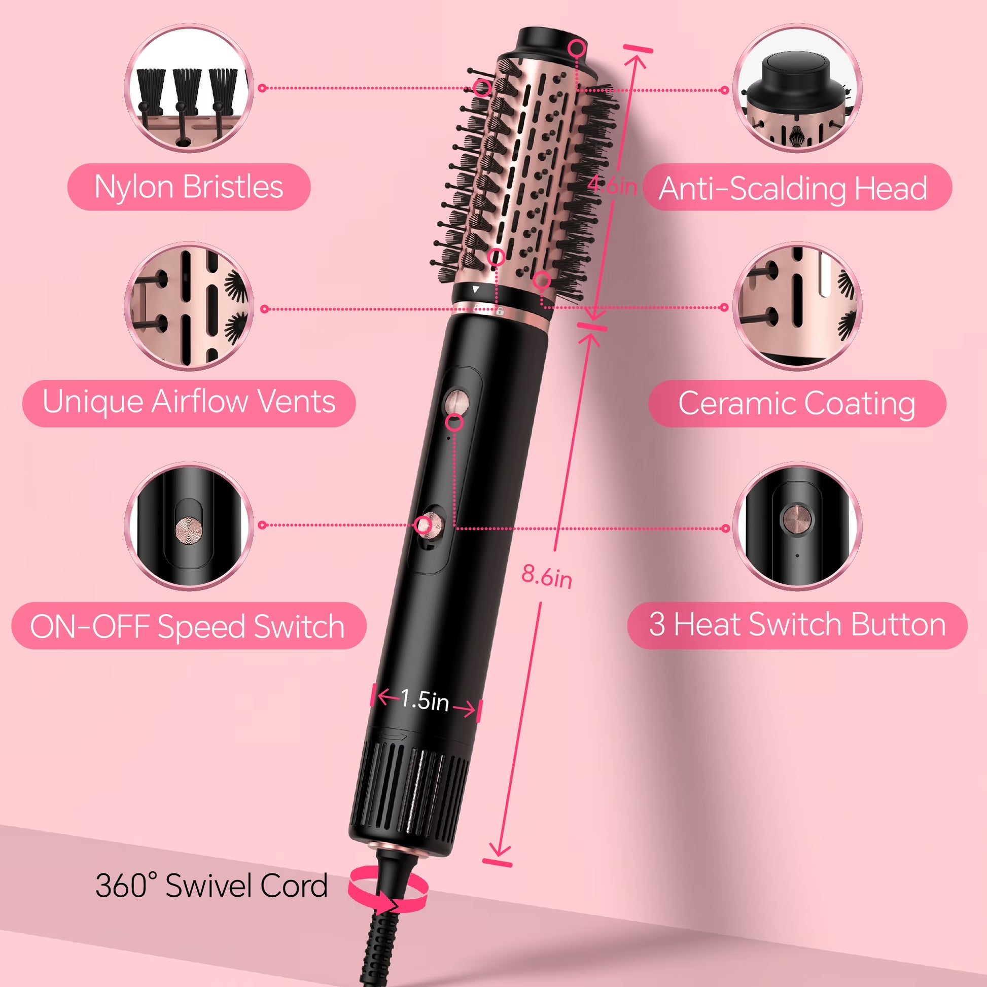 Hot Air Brush, Hair Dryer Brush High Speed Motor, Blow Dryer 1300W, Plastic